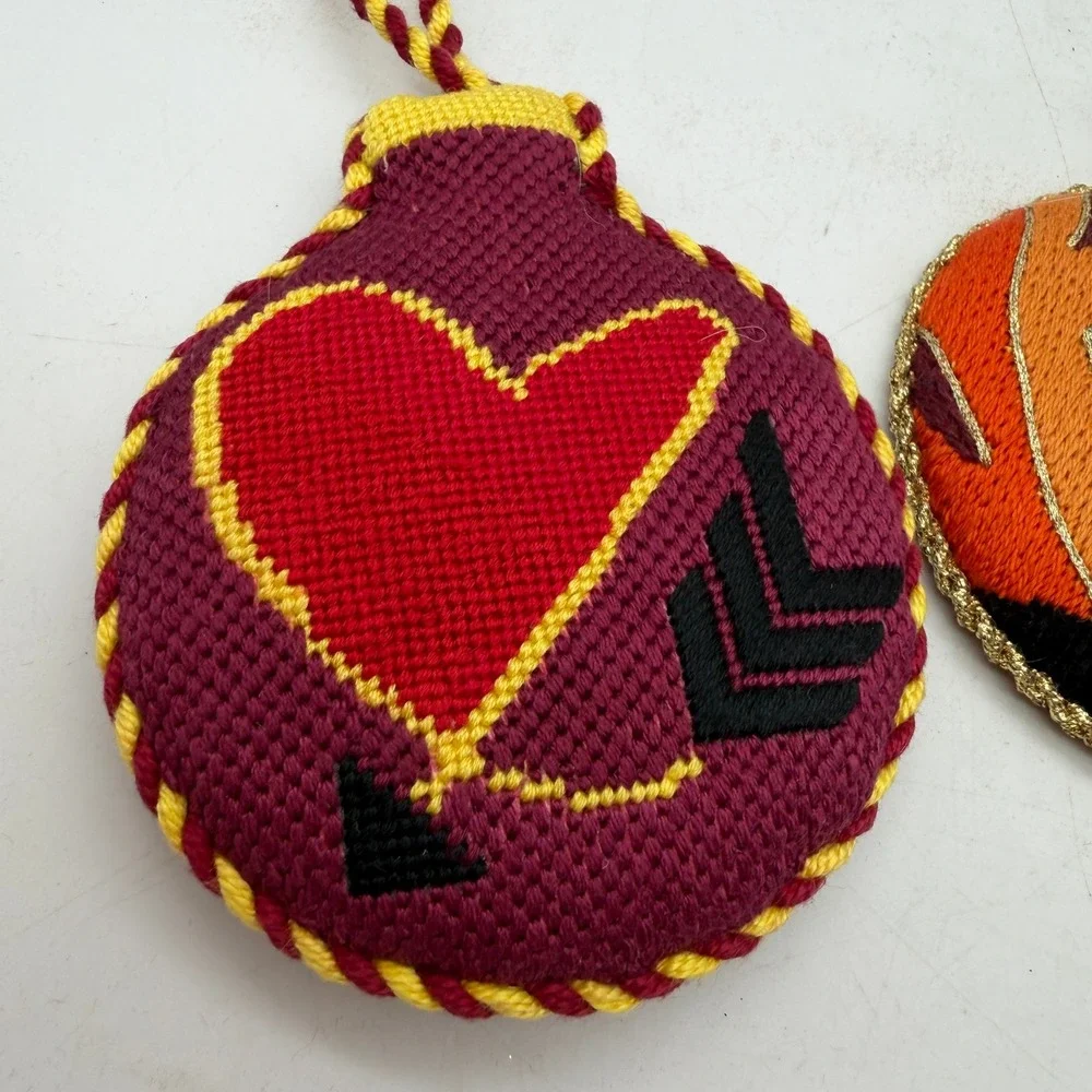 Vintage Needlepoint Heart & Abstract Embroidered Christmas Ornaments‎ Set of 2